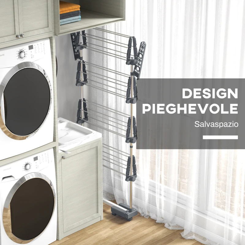 HOMCOM Stendino Verticale con 4 Ripiani Regolabili, in Acciaio e Plastica, 142x55x172 cm, Grigio e Argento