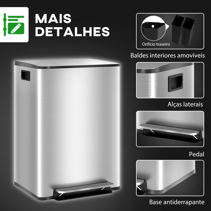 HOMCOM Balde de Lixo de Cozinha com 2 Compartimentos 2x30L Pedal Fechamento Suave e Cubo Amovível  Prata