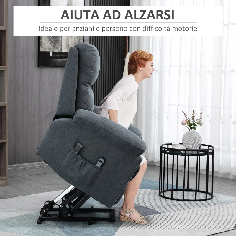 HOMCOM Poltrona Alzapersona Reclinabile fino a 135° con 8 Punti Massaggianti, Telecomando e Poggiapiedi 89x99x103 cm, Grigio