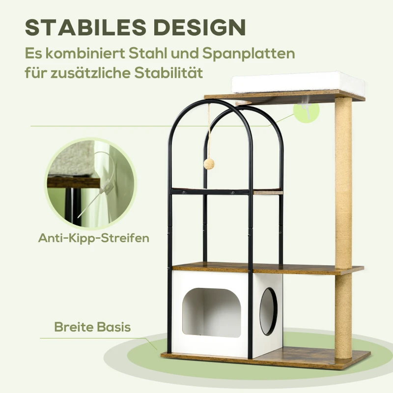 PawHut Krabpaal, 4 Niveaus, Kattenhuis, Speelbal, Kipbescherming, 80x40x118,5 cm, Bruin/Wit