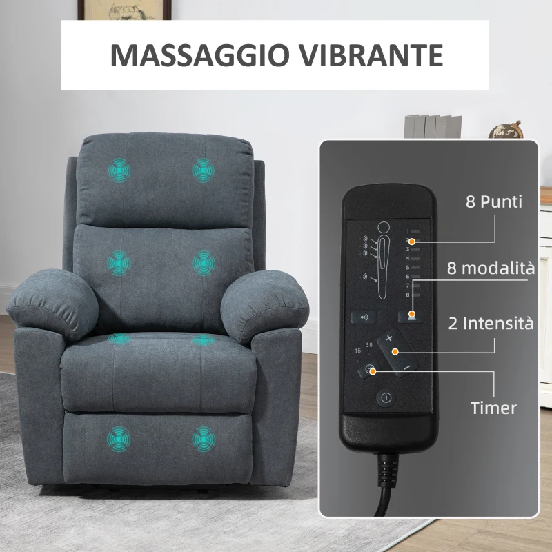 HOMCOM Poltrona Alzapersona Reclinabile fino a 135° con 8 Punti Massaggianti, Telecomando e Poggiapiedi 89x99x103 cm, Grigio
