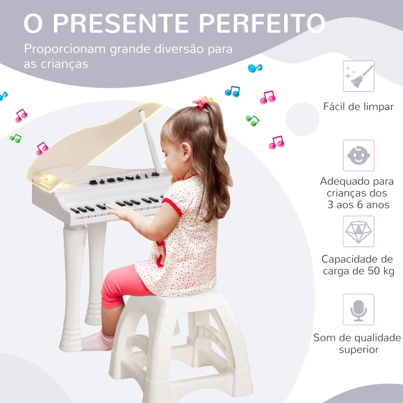 AIYAPLAY Piano Eletrónico para Crianças com 32 Teclas Microfone Luzes 22 Músicas 4 Tons e Volume Ajustável 37x30,5x60,4 cm Branco