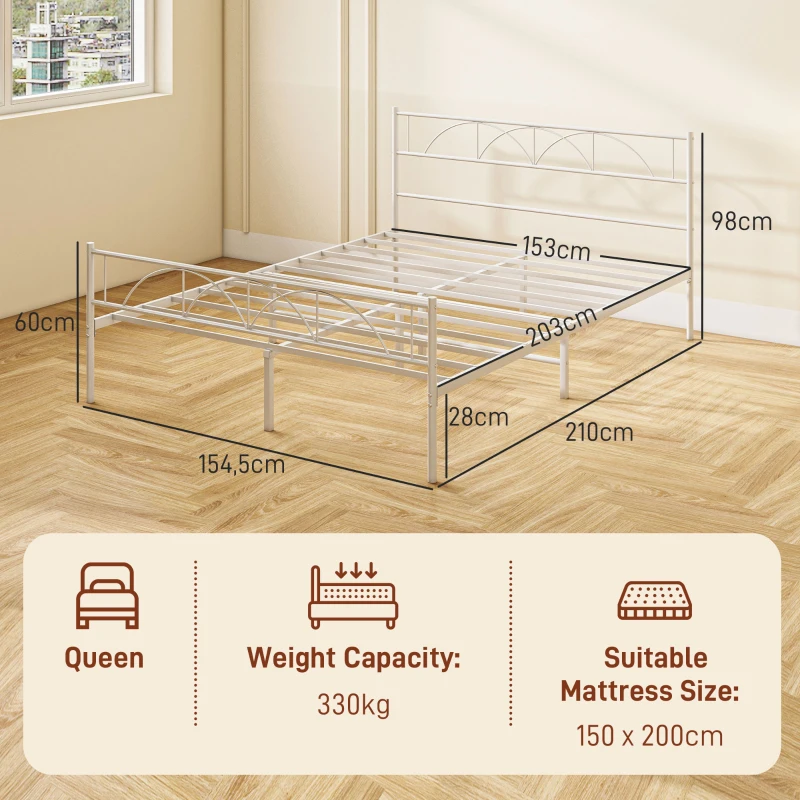 HOMCOM Cama de Casal 150x200 cm com Cabeceira de Ripas de Aço e Espaço de Arrumação Debaixo da Cama Carga 330 kg Branca