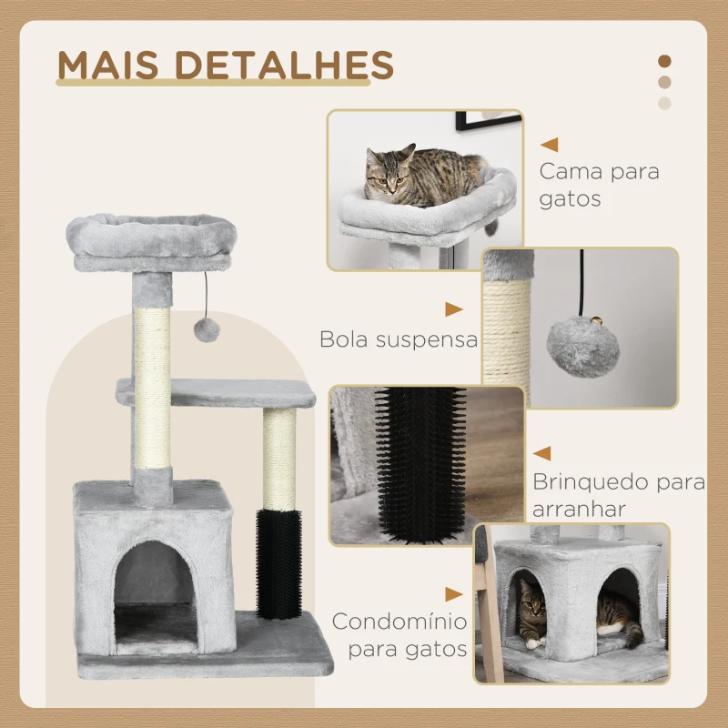 PawHut Arranhador para Gatos Médios com Casa Plataforma Bola Brinquedo Arranhador e Postes de Sisal 48x48x85 cm Cinza