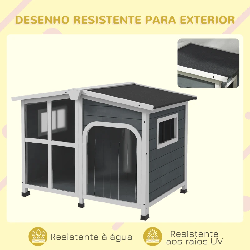 PawHut Casa para Cães de Madeira com Teto Abatível Porta com Cortina e Fundo Amovível 101x66,5x70,5cm Cinza Escuro