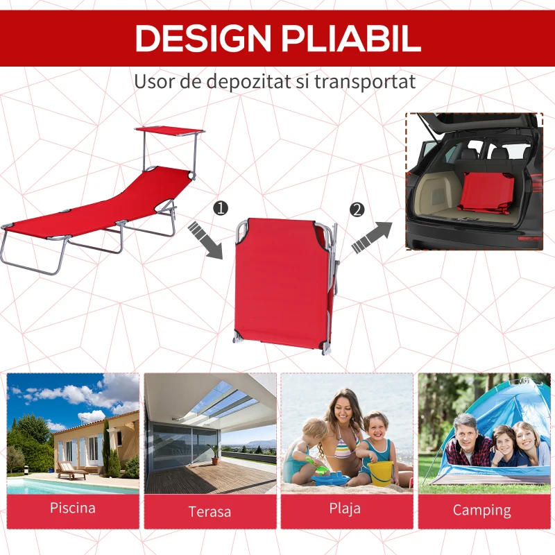 Outsunny Sezlong de exterior pliabil cu spătar reglabil, șezlong rabatabil cu baldachin pentru plajă, camping, drumeții, grădină