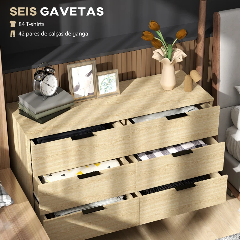 HOMCOM Cómoda com 6 Gavetas Cómoda para Dormitório Cómoda Moderna com Desenho Anti-Tombo  110x40x75 cm Carvalho