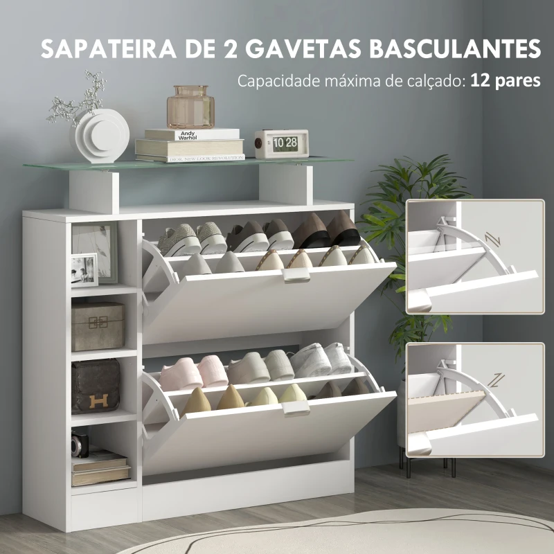 HOMCOM Sapateiro com Gavetas Basculantes, Prateleiras Ajustáveis e Prateleiras Abertas para 12 Pares de Sapatos 89x25x92 cm Branco