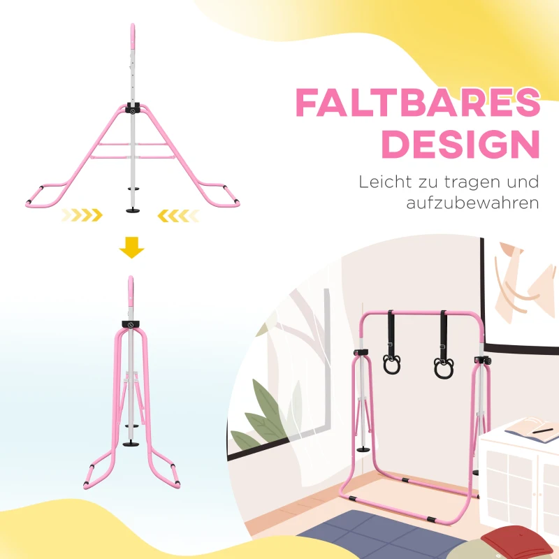 HOMCOM Kinderturnbar met Ringen, Hoogteverstelbaar, Opvouwbaar, Antislip, Stalen Frame, 148x105x88-128 cm, Roze(m-6)