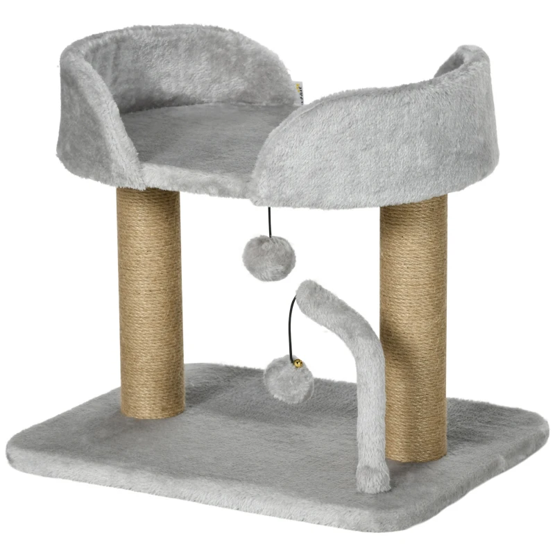 PawHut Arranhador para Gatos Pequenos Altura 42 cm Arranhador para Gatos com Cama Bolas Supensas e Postes de Juta 48x38x42 cm Cinza