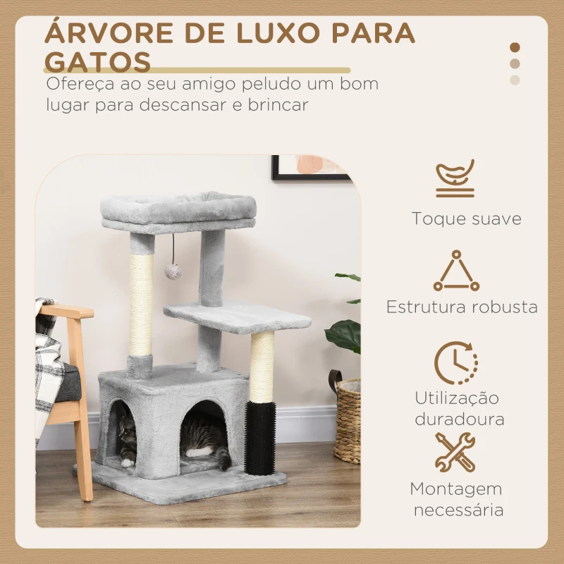 PawHut Arranhador para Gatos Médios com Casa Plataforma Bola Brinquedo Arranhador e Postes de Sisal 48x48x85 cm Cinza