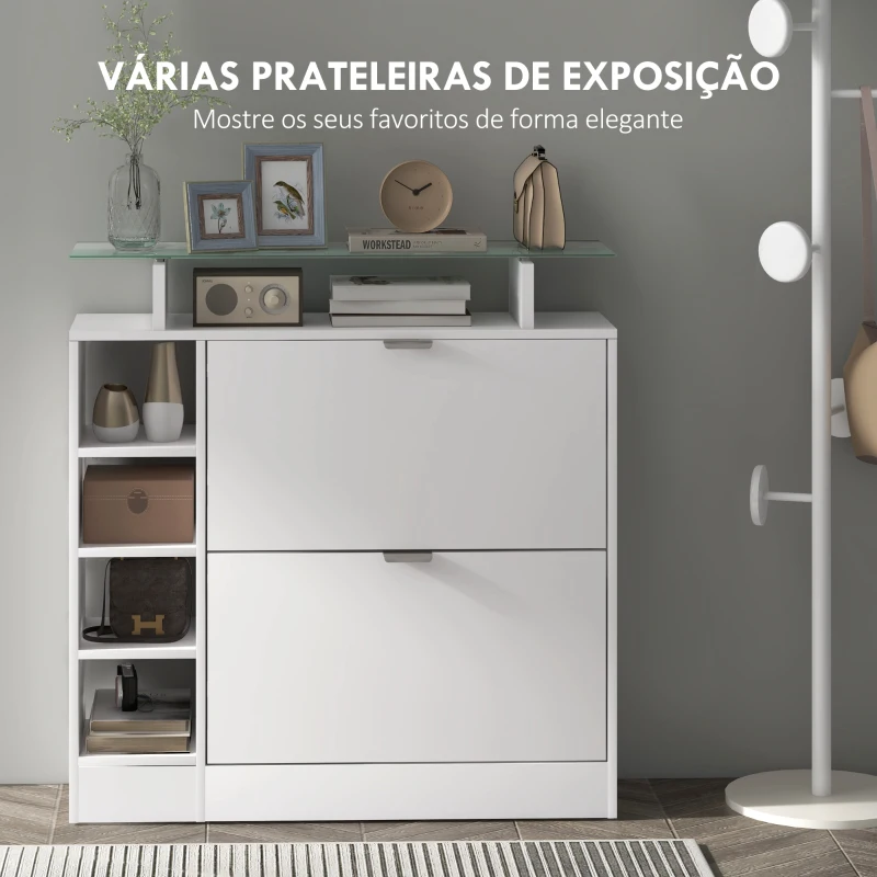 HOMCOM Sapateiro com Gavetas Basculantes, Prateleiras Ajustáveis e Prateleiras Abertas para 12 Pares de Sapatos 89x25x92 cm Branco