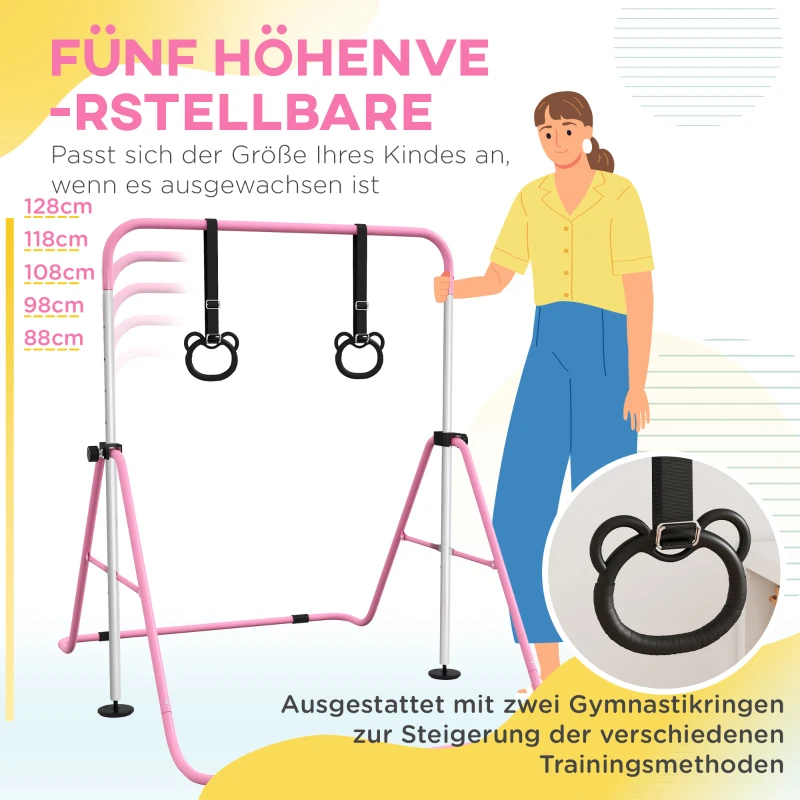 HOMCOM Kinderturnbar met Ringen, Hoogteverstelbaar, Opvouwbaar, Antislip, Stalen Frame, 148x105x88-128 cm, Roze(m-4)