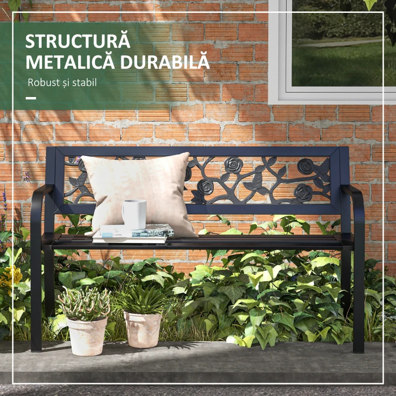 Outsunny Banca de Terasa cu Cadru Metalic, Negru