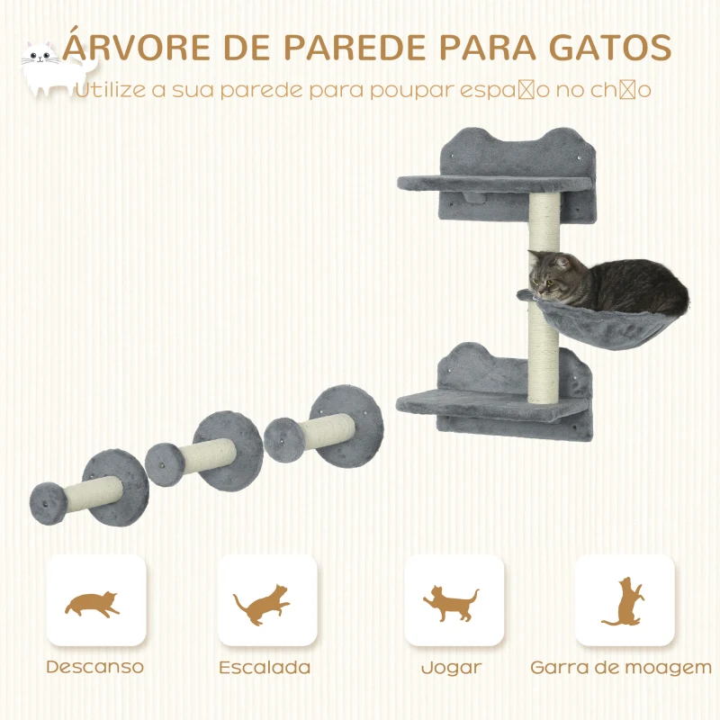 PawHut Conjunto de Prateleiras de Parede para Gatos de 4 Peças com 3 Postes de Sisal Rede e 1 Plataforma para Saltar de 3 Níveis Cinza
