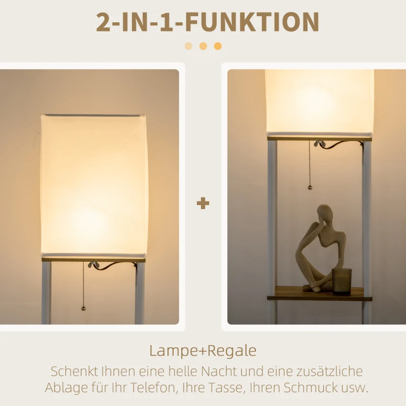 HOMCOM Staandelamp, Vloerlamp met Planken, Metalen Frame, Stoffen Kap, 26x26x159cm, Wit/Bruin