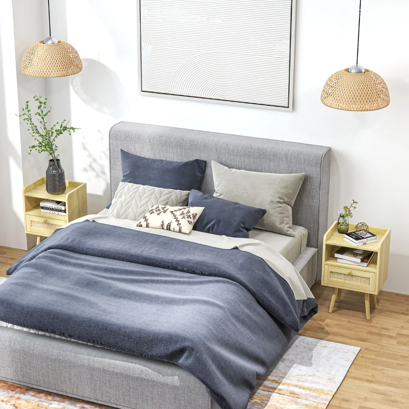 HOMCOM Set of Two Rattan Weave Bedside Tables - Wood Effect