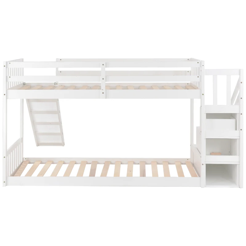 Bunk Bed with Stairs and Slide, Solid Pine Wood Frame, Kids Storage Bed with 2 Drawers, 233x223x125 cm, White