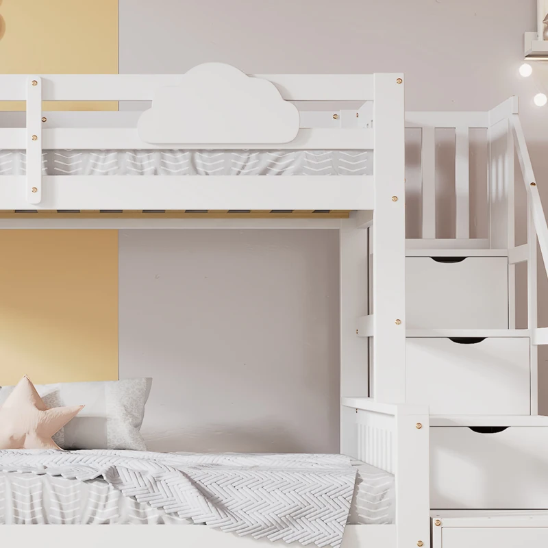 Children's Bunk Bed with Stairs and Trundle, Solid Pine Wood, Cloud Design, Multiple Storage Compartments, Kids Storage Solution, 234x140x139 cm, White