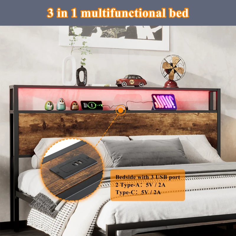 Metal Double Bed with LED Light Strip, 4 Drawers, and 3 USB Ports, Ideal for Home and Bedroom Furniture, 207.5x135x105 cm, Black + Dark Walnut
