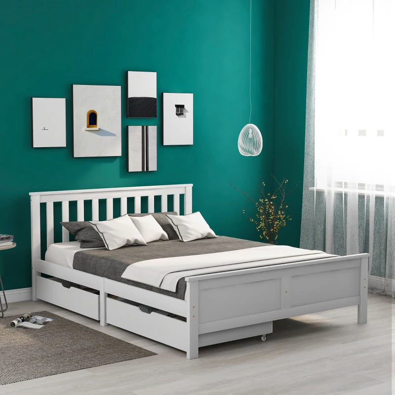 Wooden Solid Pine Divan Storage Bed with Drawers, Double Bed Frame for Adults and Kids, 196x146x82 cm, White