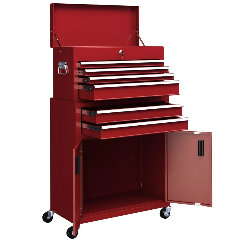 HOMCOM Portable Tool Box, Metal Tool Chest on Wheels with 6 Drawers for Garage and Workshop, Red