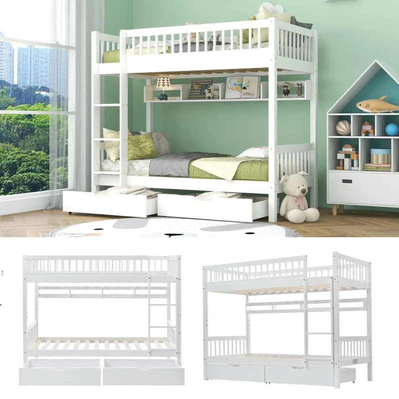 Bunk Bed for Kids, Solid Pine Wood Frame with Under Bed Drawer Storage and Shelves, Ideal for Kids Storage, 198x99.5x152 cm, White