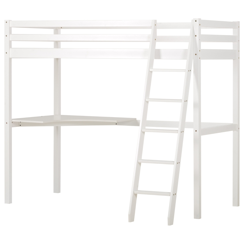 Single 3FT Loft Bed Frame with Desk, High Sleeper Bunk Bed for Children, Solid Pine Wood, 198x97x172 cm, White