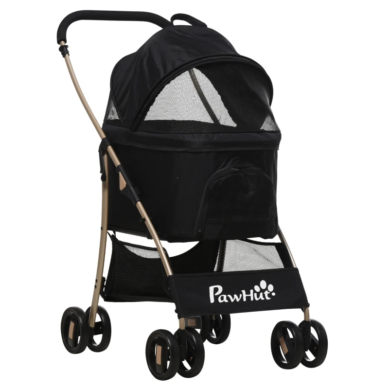 PawHut 2-in-1 Hundewagen und Transportkorb bis 10 kg Klappbar Netzfenster Bodenkorb 82 cm x 49,5 cm x 98 cm Schwarz