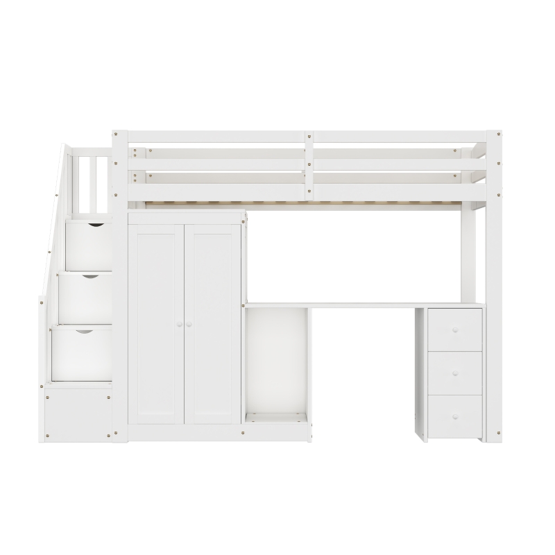Bunk Bed with Wardrobe, Desk, Stairway Storage, Safety Rails, Pinewood Frame, Ideal Kids Storage and Bedroom Furniture, 230x94x160 cm, White