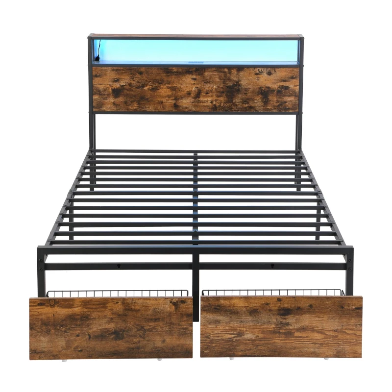 Metal Double Bed with LED Light Strip, 4 Drawers, and 3 USB Ports, Ideal for Home and Bedroom Furniture, 207.5x135x105 cm, Black + Dark Walnut