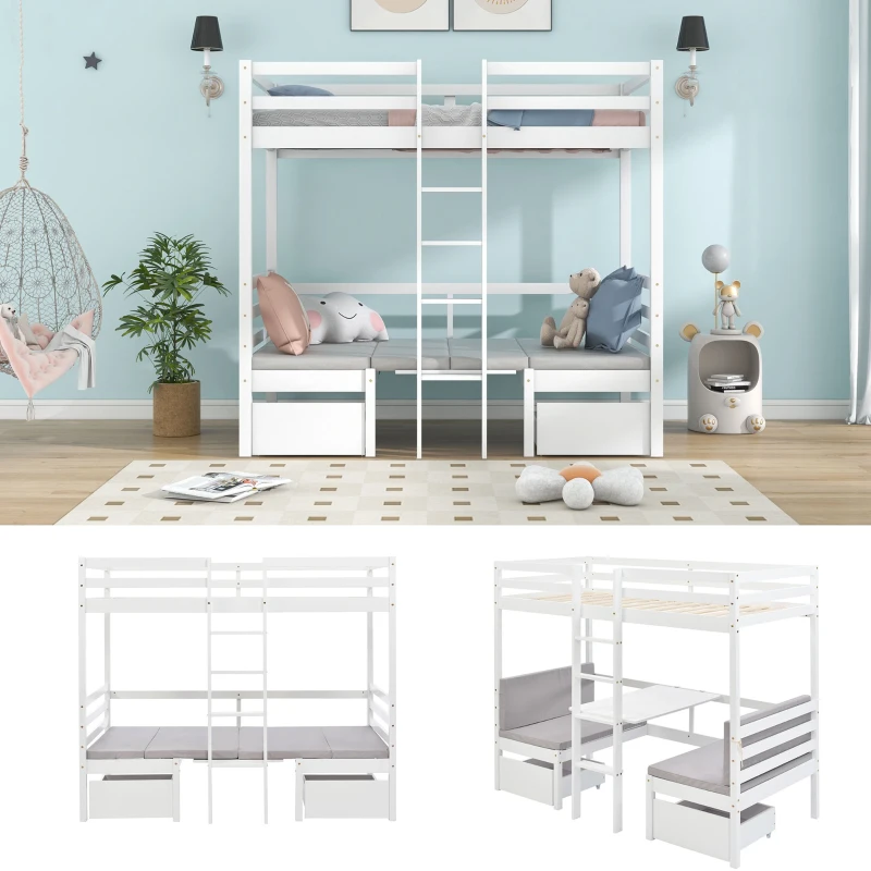 Functional Loft Bunk Bed with Desk and Storage, Twin Bedframe with Drawers and Cushions, Space-Saving Design, 196x101x168 cm, White