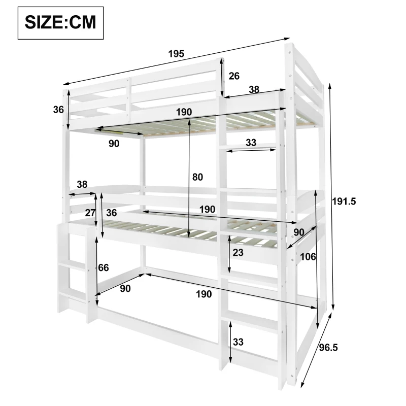 Triple Bunk Bed with Ladder, Solid Pine Wood Frame, Space-Saving Design, 195x96.5x191.5 cm, White