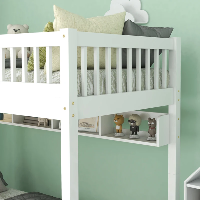 Bunk Bed for Kids, Solid Pine Wood Frame with Under Bed Drawer Storage and Shelves, Ideal for Kids Storage, 198x99.5x152 cm, White
