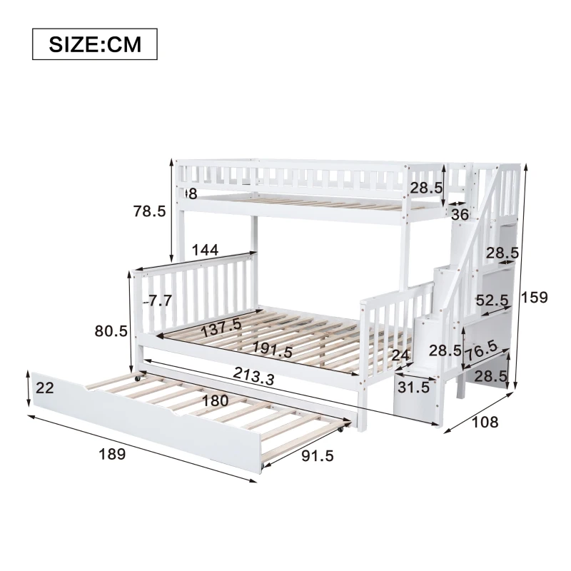 Bunk Bed with Stairs and Trundle, Solid Pine Wood Frame, Converts to Two Single Beds, Ideal for Guest Rooms and Kids' Storage, 213.3x108x159 cm, White