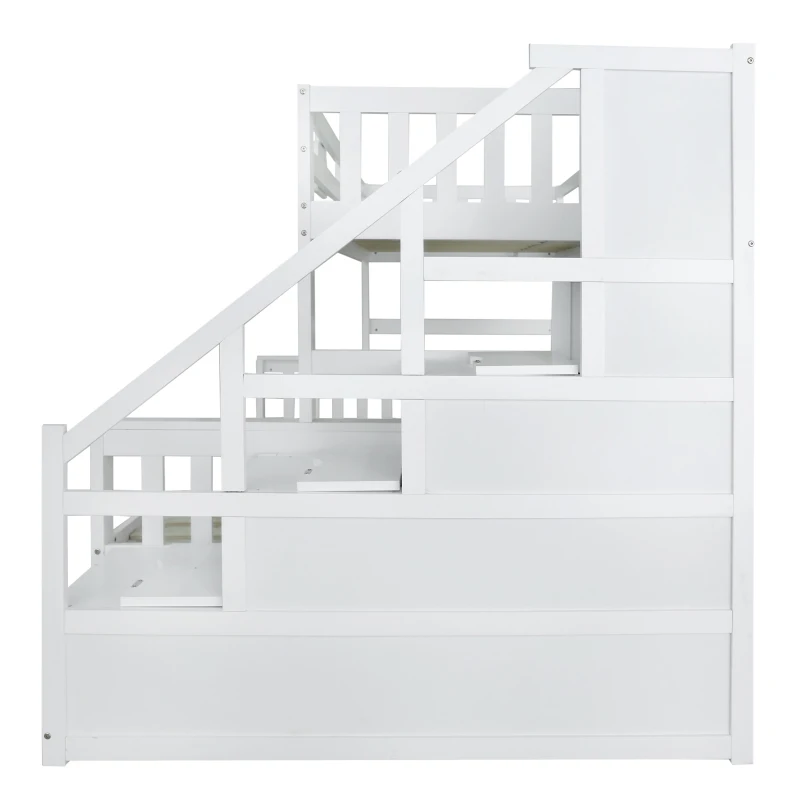 Children's Bunk Bed with Stairs and Trundle, Solid Pine Wood, Cloud Design, Multiple Storage Compartments, Kids Storage Solution, 234x140x139 cm, White