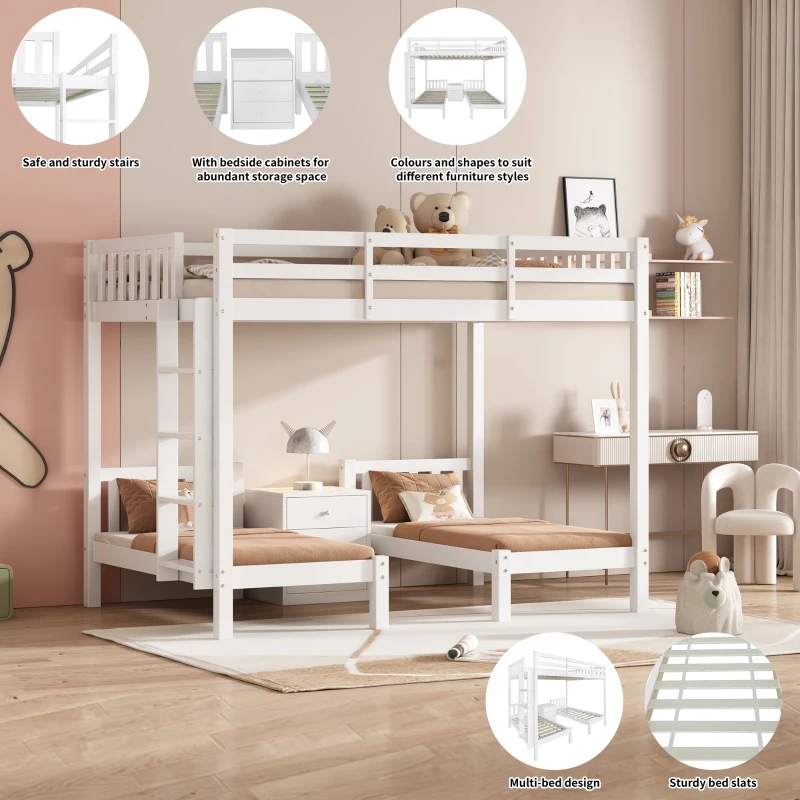 Triple Bunk Beds with Side Ladder, Safety Rails, Pine Frame, 205x146.5x165 cm, White