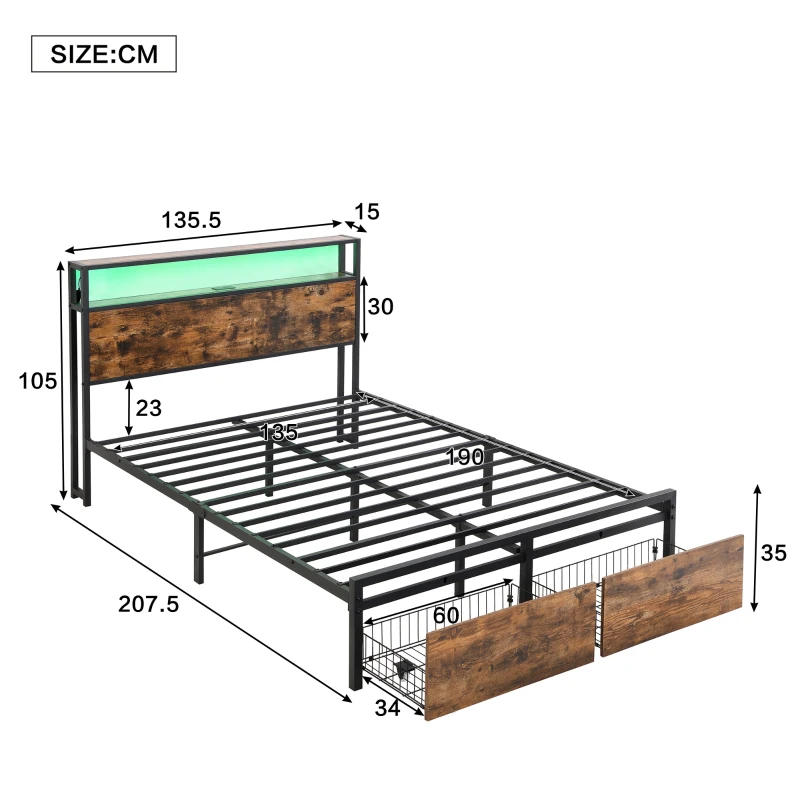 Metal Double Bed with LED Light Strip, 4 Drawers, and 3 USB Ports, Ideal for Home and Bedroom Furniture, 207.5x135x105 cm, Black + Dark Walnut