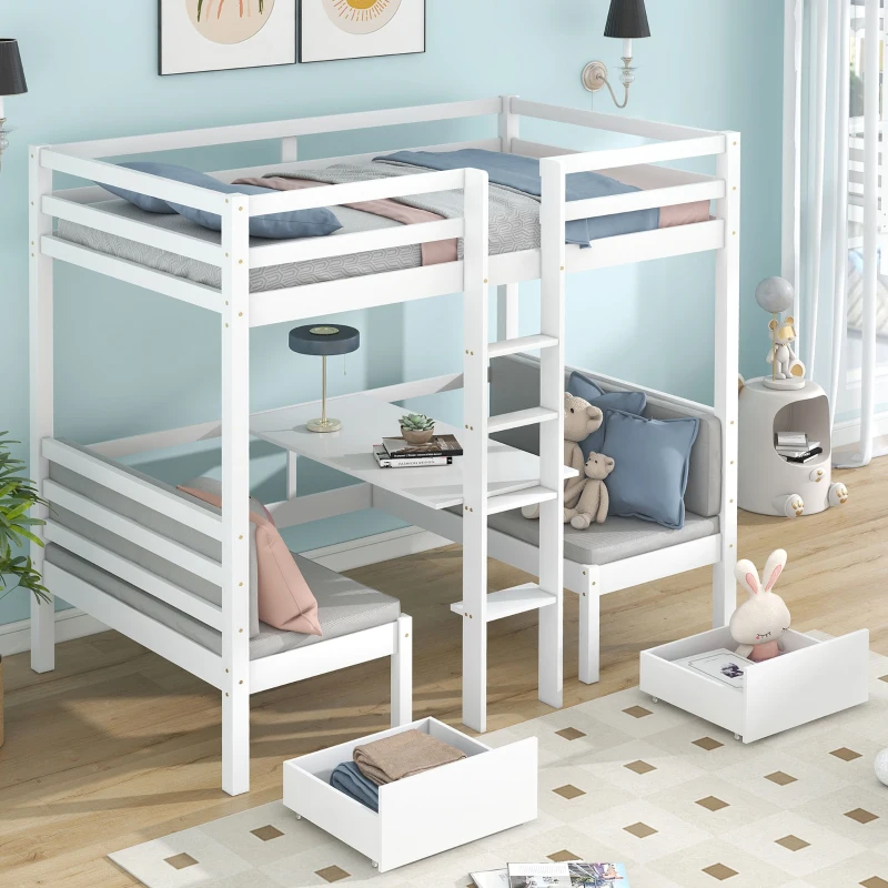 Functional Loft Bunk Bed with Desk and Storage, Twin Bedframe with Drawers and Cushions, Space-Saving Design, 196x101x168 cm, White