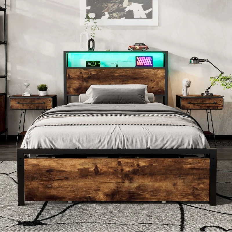 Single Metal Bed with LED Light Strip, Drawer, and USB Ports, Home and Furniture Bedroom Furniture, 207.5x90.5x105 cm, Black + Dark Walnut