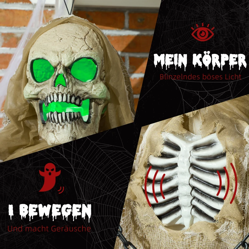 HOMCOM Halloween Decoratie, Hangend Skelet, Lichtgevende Kop, Griezelig Huilen, Buigzame Armen, Kaki(m-5)