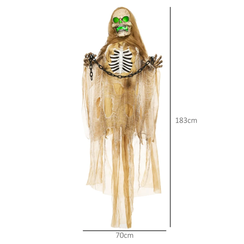 HOMCOM Halloween Decoratie, Hangend Skelet, Lichtgevende Kop, Griezelig Huilen, Buigzame Armen, Kaki(m-3)