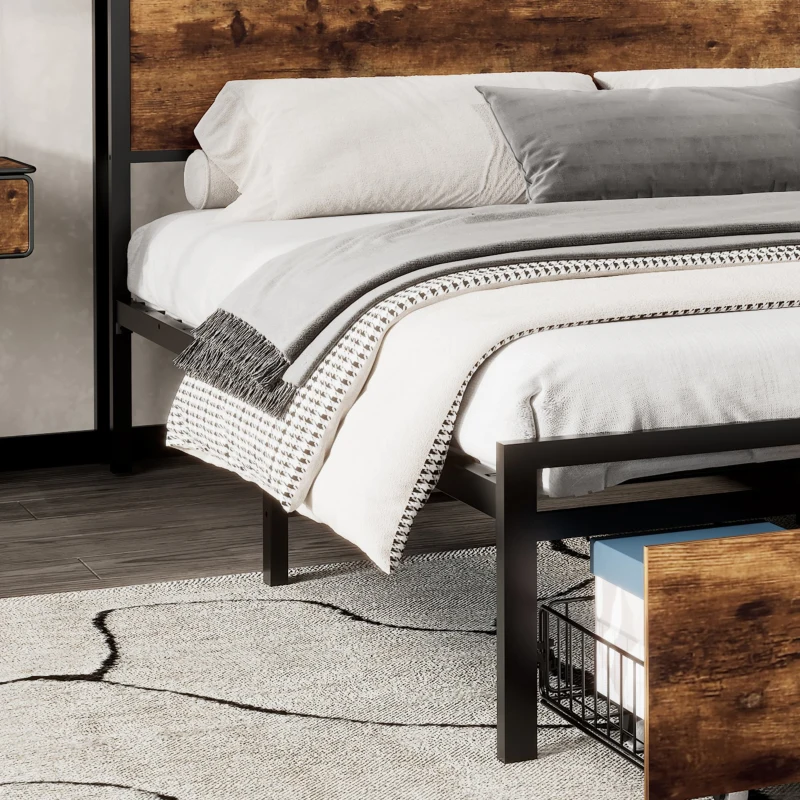 Single Metal Bed with LED Light Strip, Drawer, and USB Ports, Home and Furniture Bedroom Furniture, 207.5x90.5x105 cm, Black + Dark Walnut