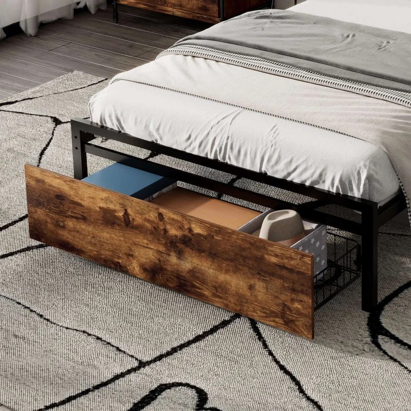Single Metal Bed with LED Light Strip, Drawer, and USB Ports, Home and Furniture Bedroom Furniture, 207.5x90.5x105 cm, Black + Dark Walnut