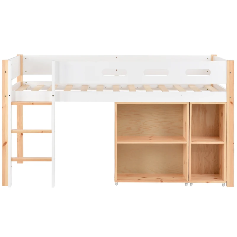 Loft Bed Children Single Sofa Bed Mid Sleeper with Movable Cabinet and Storage, 3FT Bed 200x101x100 cm, White