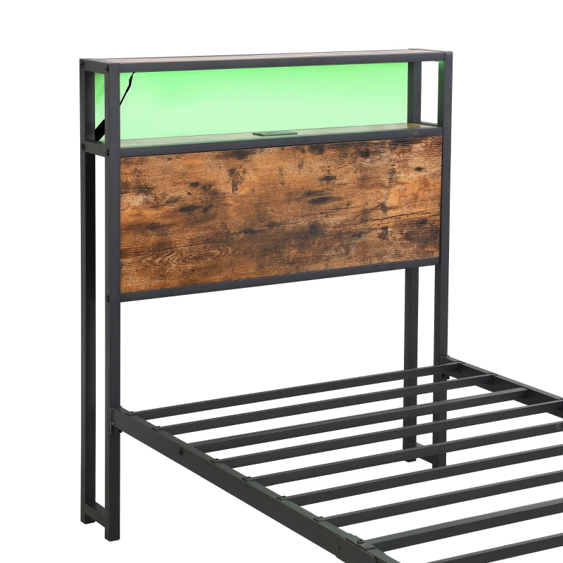 Single Metal Bed with LED Light Strip, Drawer, and USB Ports, Home and Furniture Bedroom Furniture, 207.5x90.5x105 cm, Black + Dark Walnut