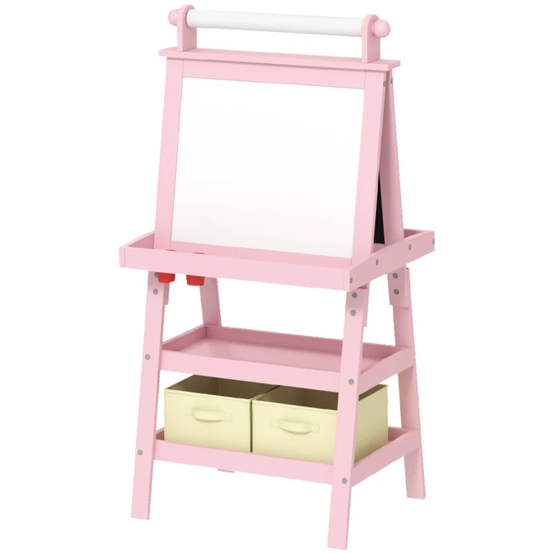 AIYAPLAY 3 in 1 Kids Easel Double-Sided Magnetic Whiteboard and Chalkboard with Paper Roll, Storage Baskets - Pink