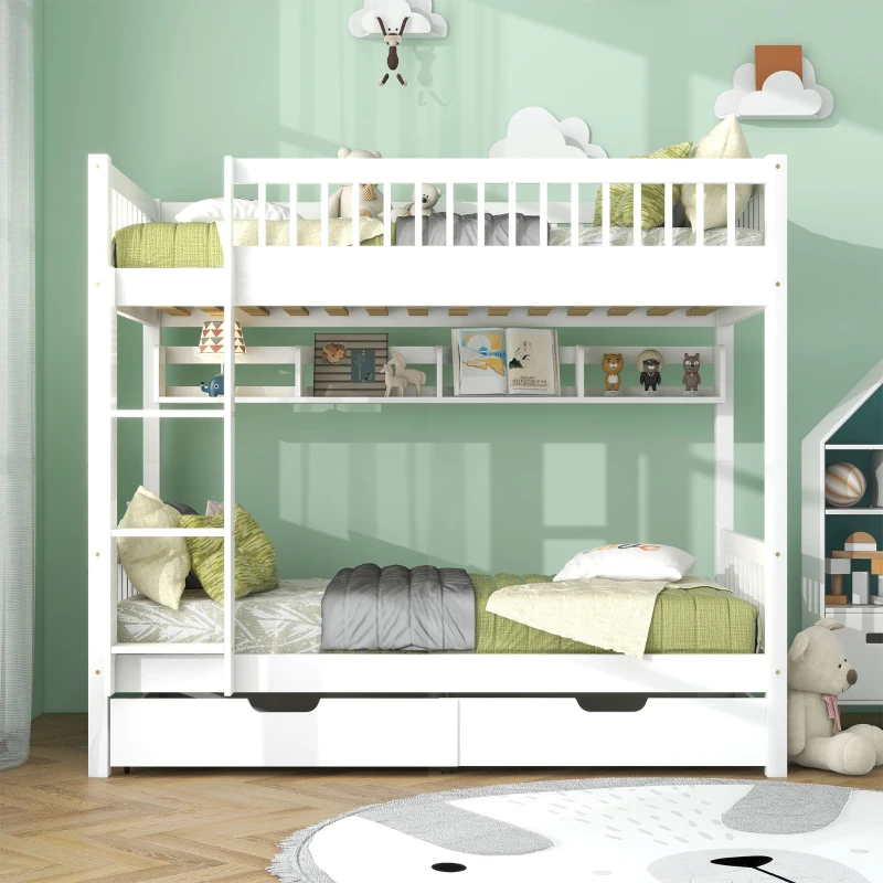 Bunk Bed for Kids, Solid Pine Wood Frame with Under Bed Drawer Storage and Shelves, Ideal for Kids Storage, 198x99.5x152 cm, White
