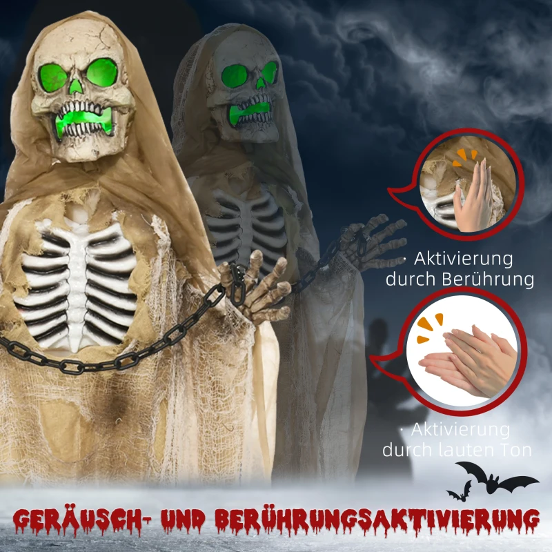 HOMCOM Halloween Decoratie, Hangend Skelet, Lichtgevende Kop, Griezelig Huilen, Buigzame Armen, Kaki(m-6)