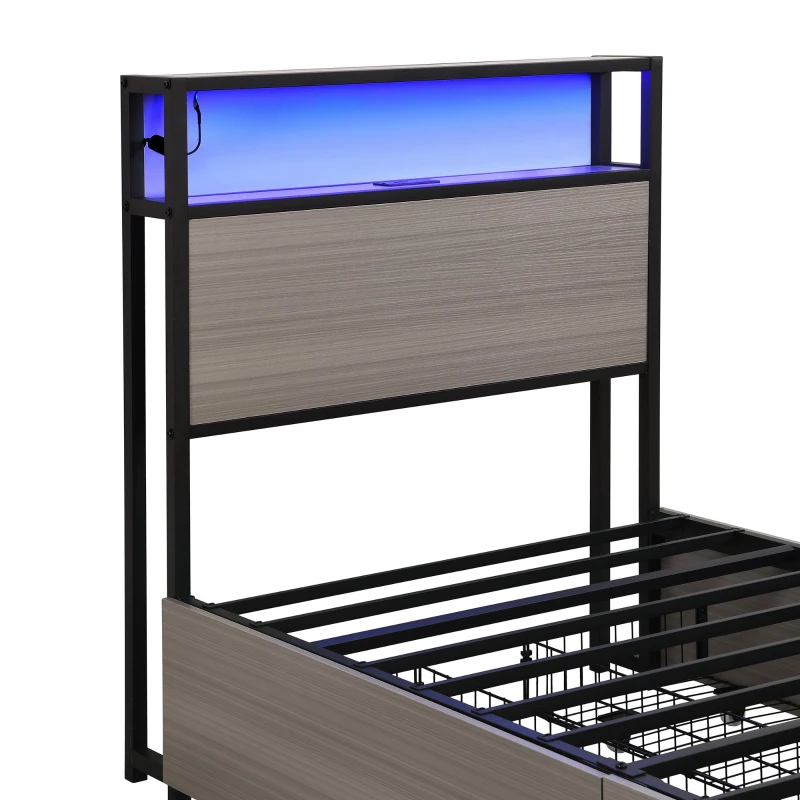 Metal Single Bed with LED Light Strip, 4 Drawers, and 3 USB Ports, Ideal for Home and Bedroom Furniture, 207x90.5x105 cm, Grey